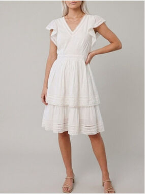 Rachel Parcell White Cotton Flutter Sleeve Tiered Dress Size 8 Milkmaid Coquette